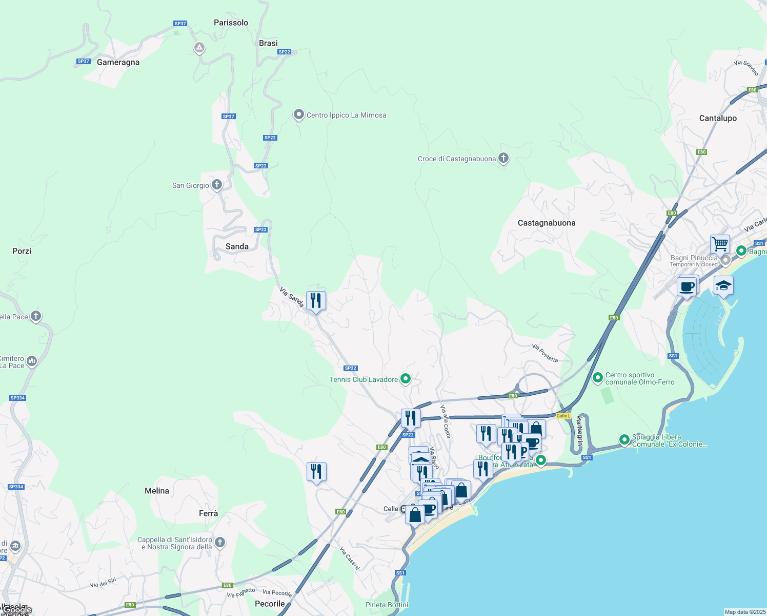 map of restaurants, bars, coffee shops, grocery stores, and more near 60 Via Ferrari in Celle Ligure