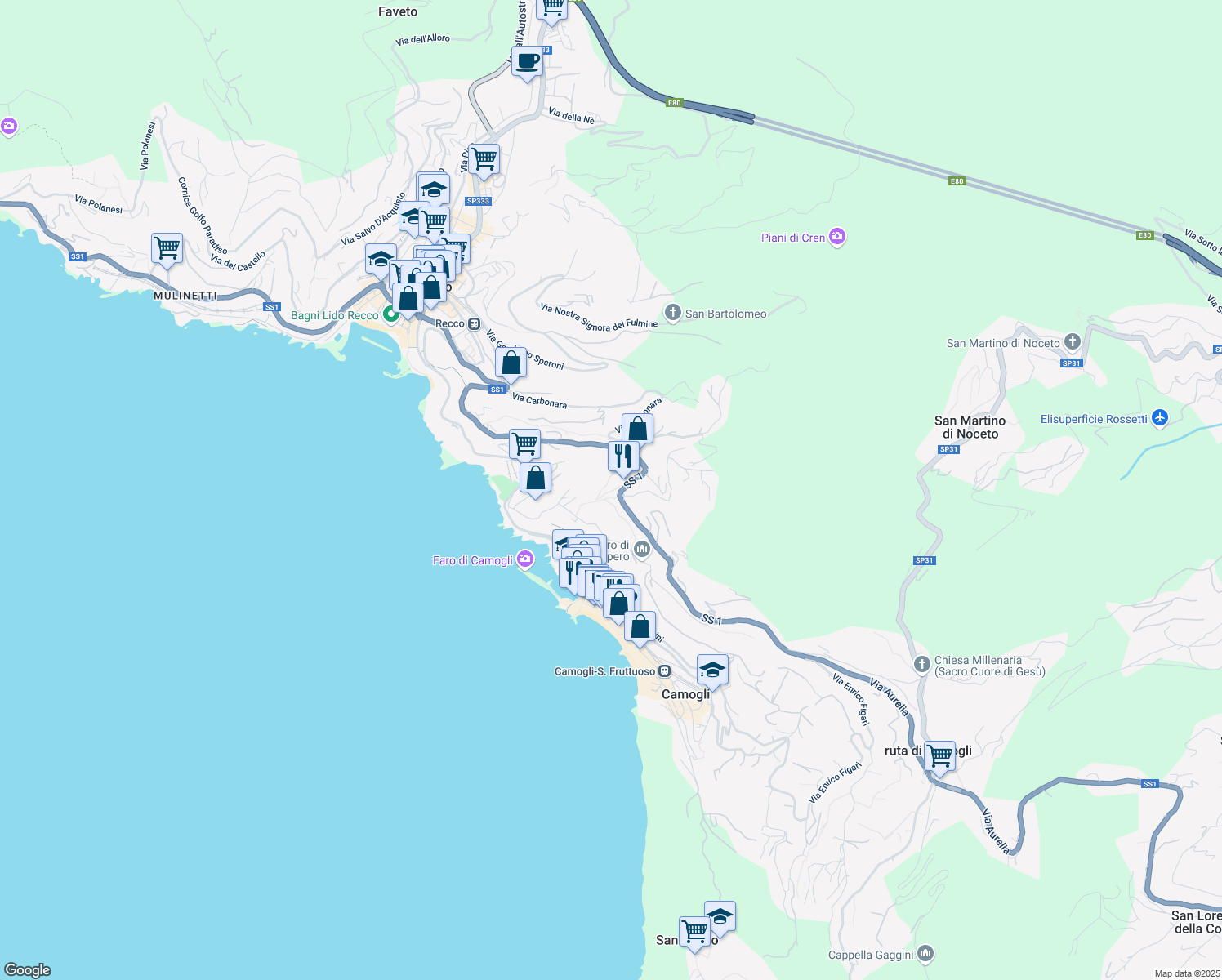 map of restaurants, bars, coffee shops, grocery stores, and more near 39 Via San Giacomo in Camogli