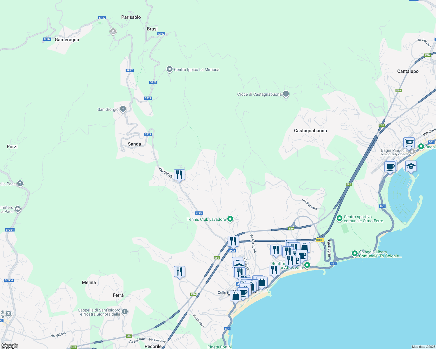 map of restaurants, bars, coffee shops, grocery stores, and more near 60 Via Ferrari in Celle Ligure