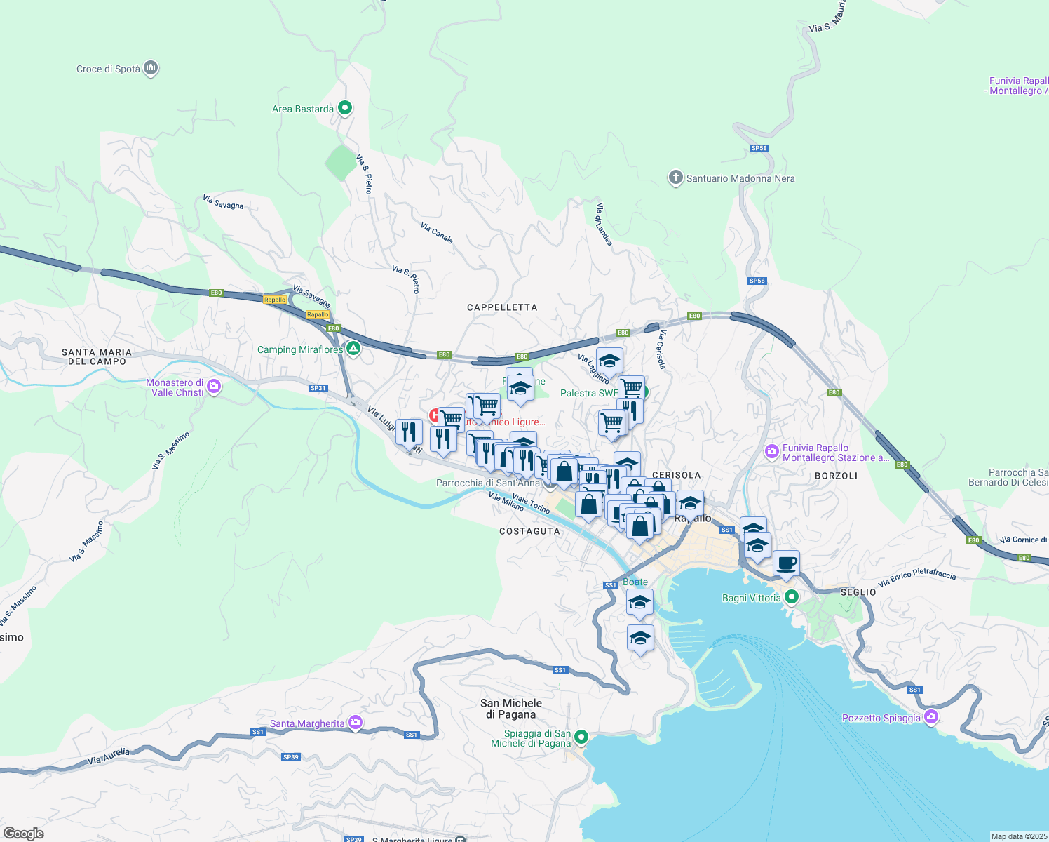 map of restaurants, bars, coffee shops, grocery stores, and more near 1 Via Privata Benedetto Brin in Rapallo
