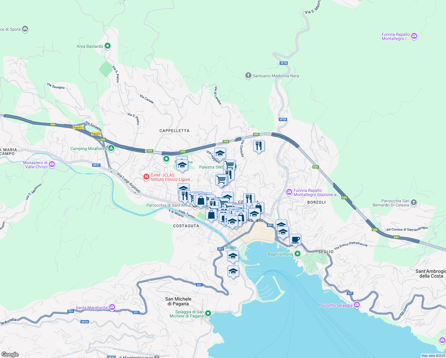 map of restaurants, bars, coffee shops, grocery stores, and more near 6 Via Privata Schiappacasse in Rapallo