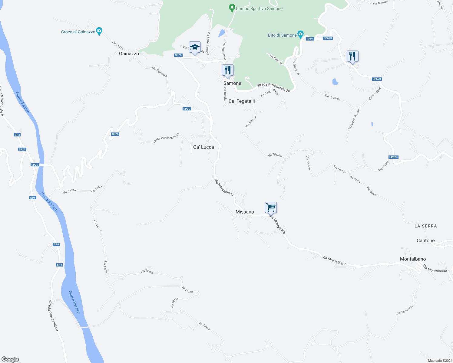 map of restaurants, bars, coffee shops, grocery stores, and more near 80 Vicolo Monticello in Provincia di Modena