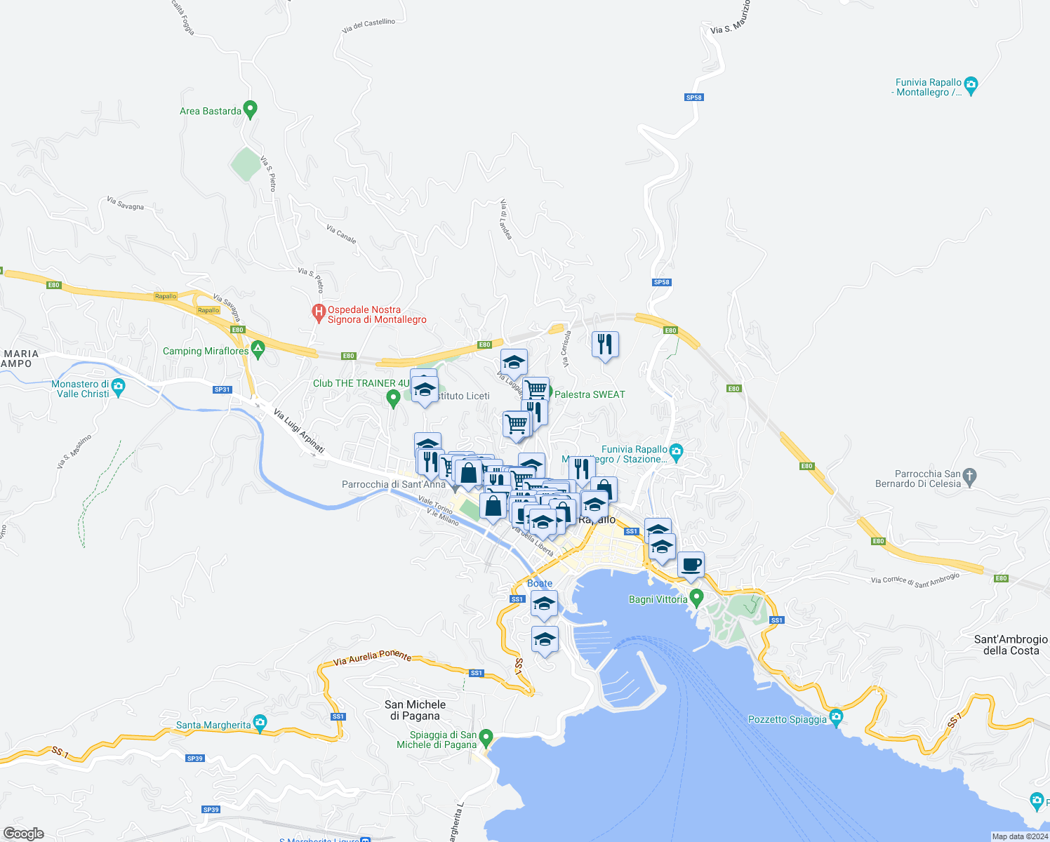 map of restaurants, bars, coffee shops, grocery stores, and more near 6 Via Privata Schiappacasse in Rapallo