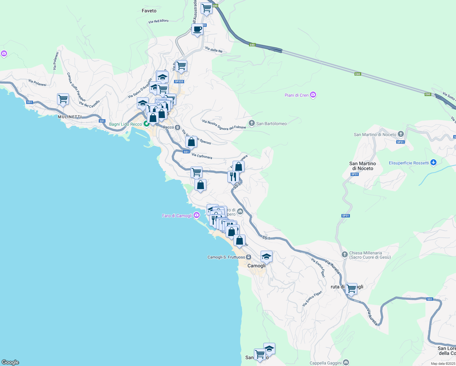 map of restaurants, bars, coffee shops, grocery stores, and more near 39 Via San Giacomo in Camogli