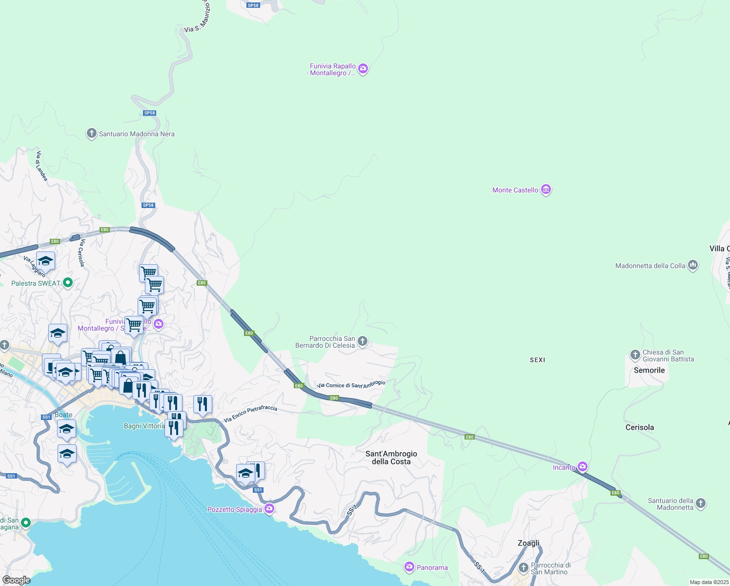 map of restaurants, bars, coffee shops, grocery stores, and more near 21 Via San Bernardo in Genoa