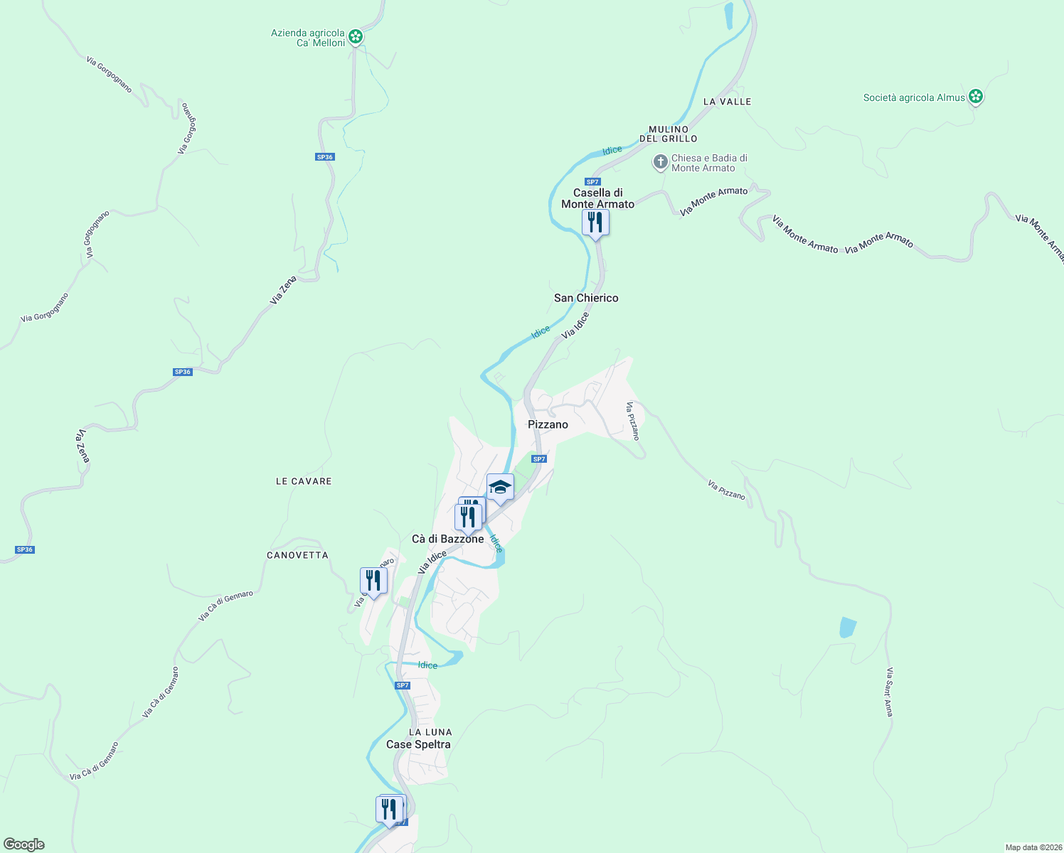 map of restaurants, bars, coffee shops, grocery stores, and more near 48 Via Idice in Pizzano