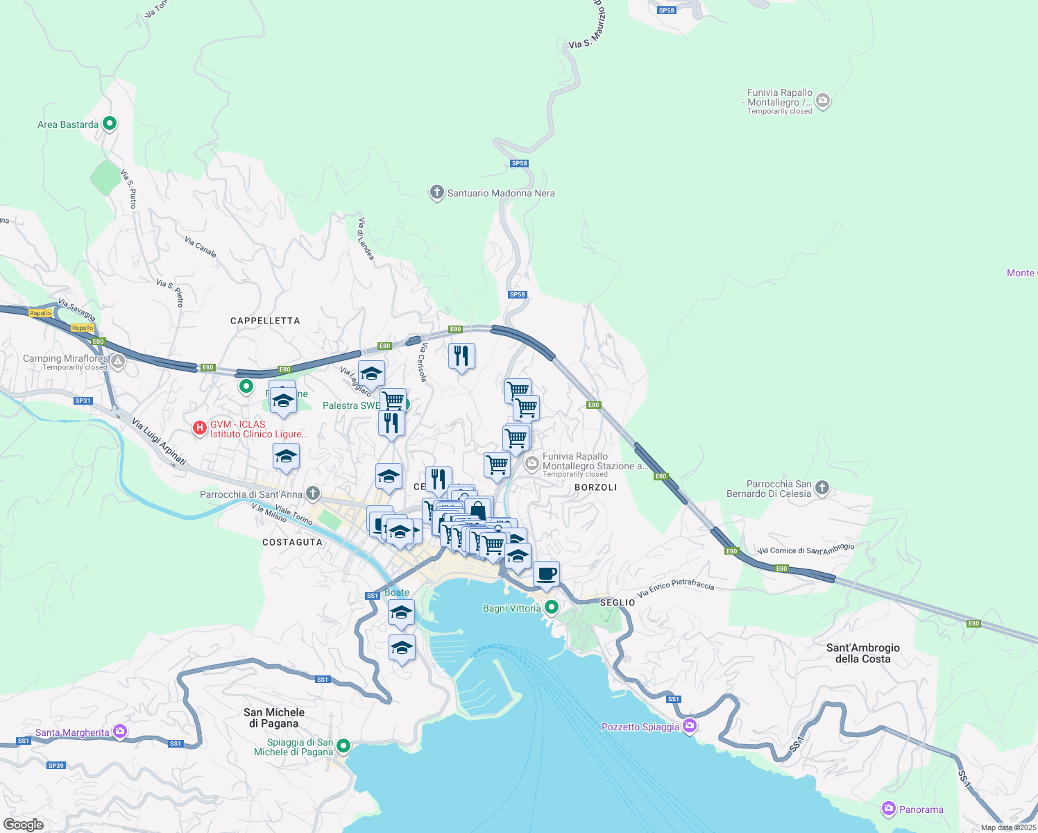 map of restaurants, bars, coffee shops, grocery stores, and more near 191 Via Fratelli Betti in Rapallo