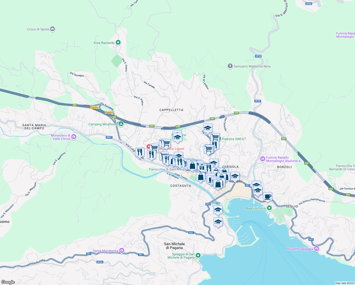 map of restaurants, bars, coffee shops, grocery stores, and more near Via Benedetto Brin in Rapallo