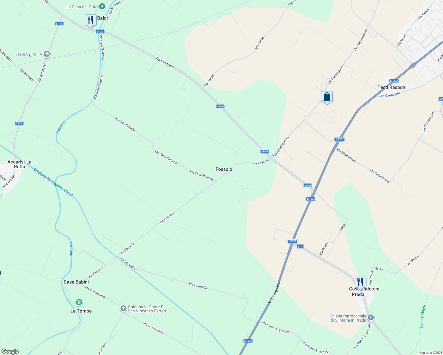 map of restaurants, bars, coffee shops, grocery stores, and more near 151 Via Fossolo in Fossolo