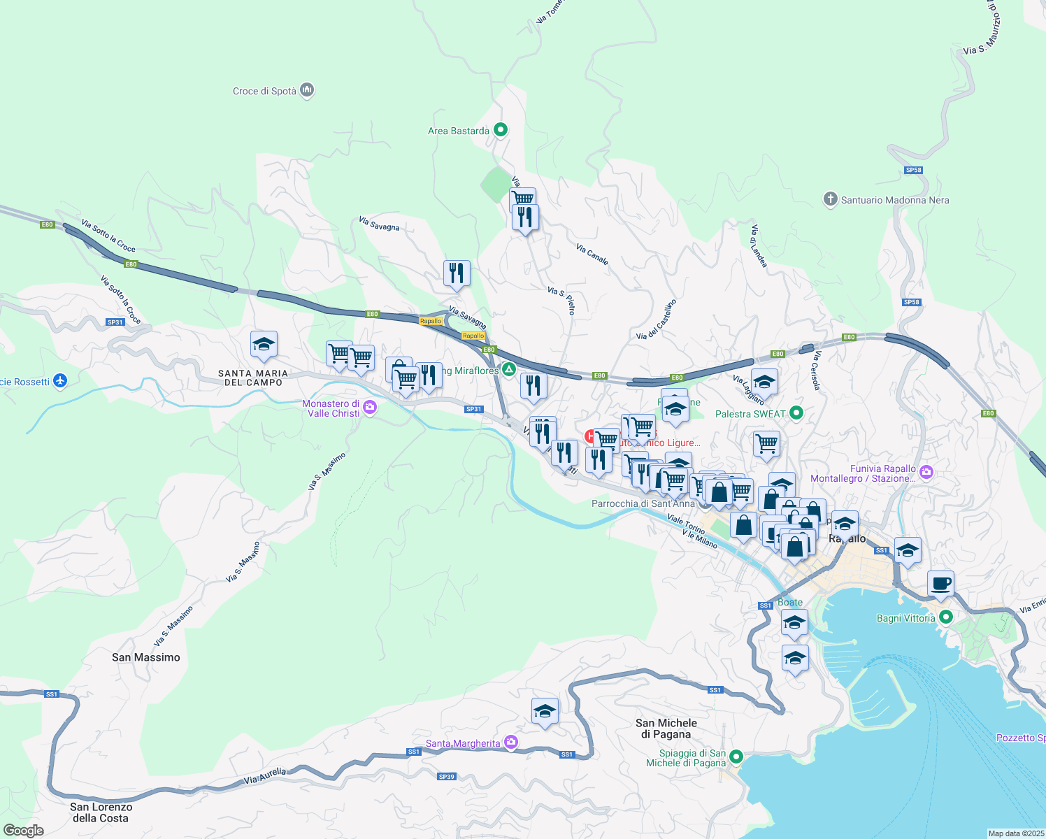 map of restaurants, bars, coffee shops, grocery stores, and more near 23 Via San Pietro in Rapallo