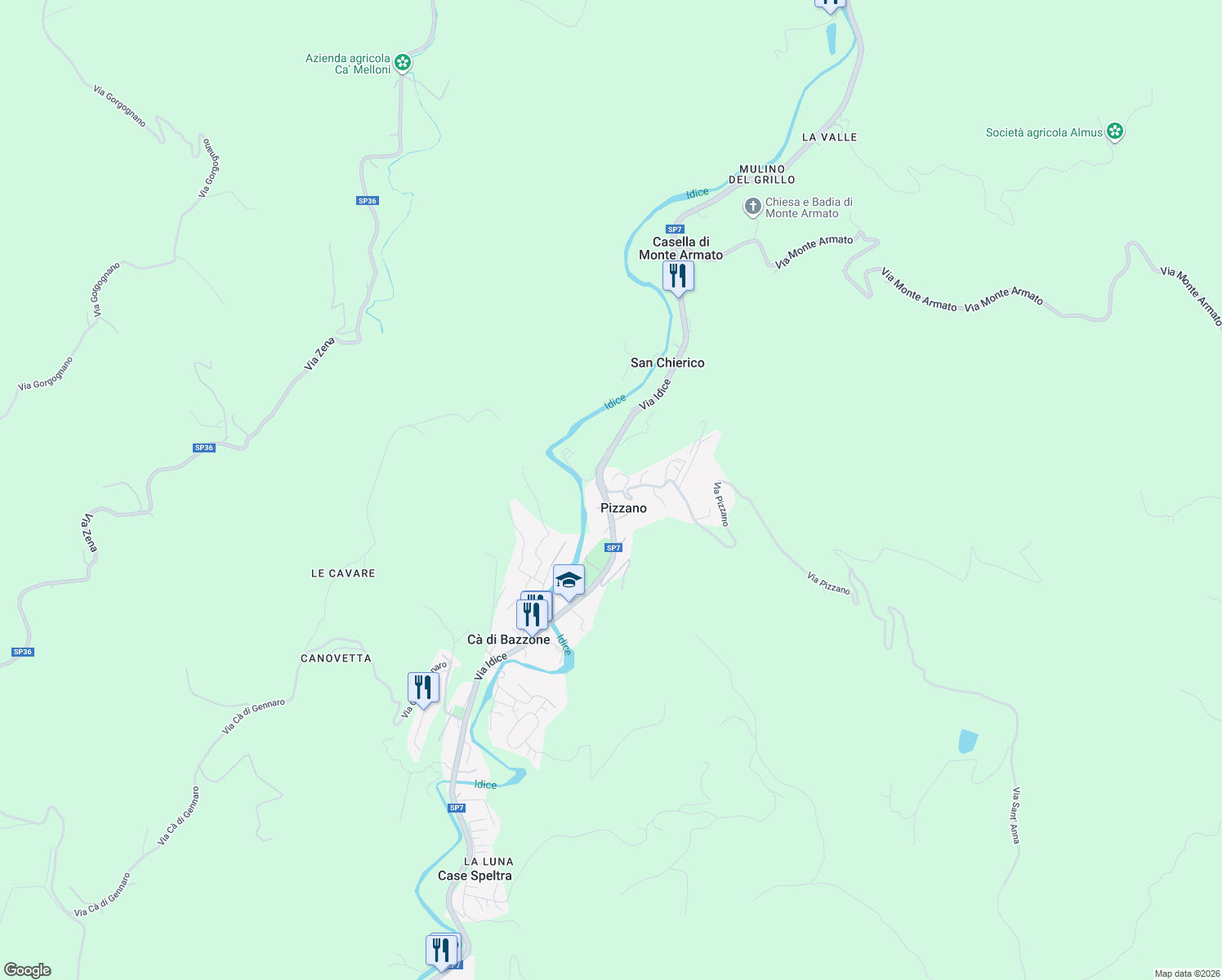 map of restaurants, bars, coffee shops, grocery stores, and more near 3 Via Pizzano in Pizzano