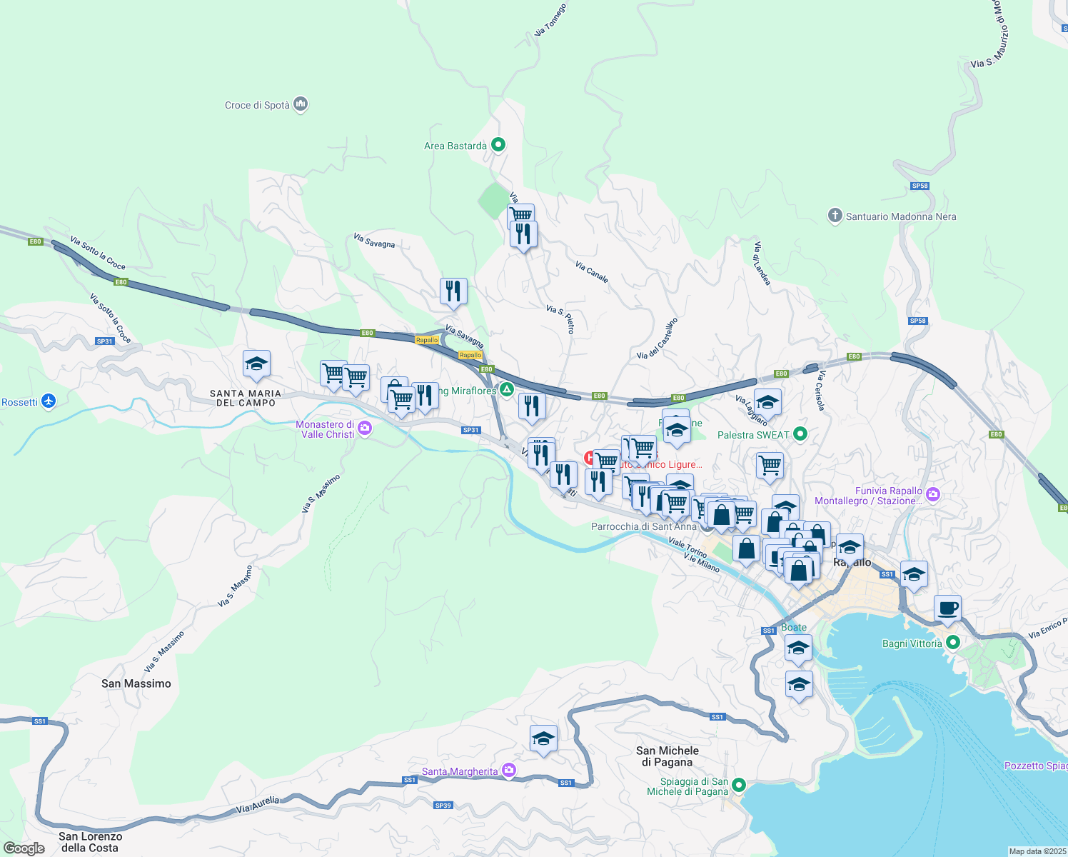 map of restaurants, bars, coffee shops, grocery stores, and more near 23 Via San Pietro in Rapallo