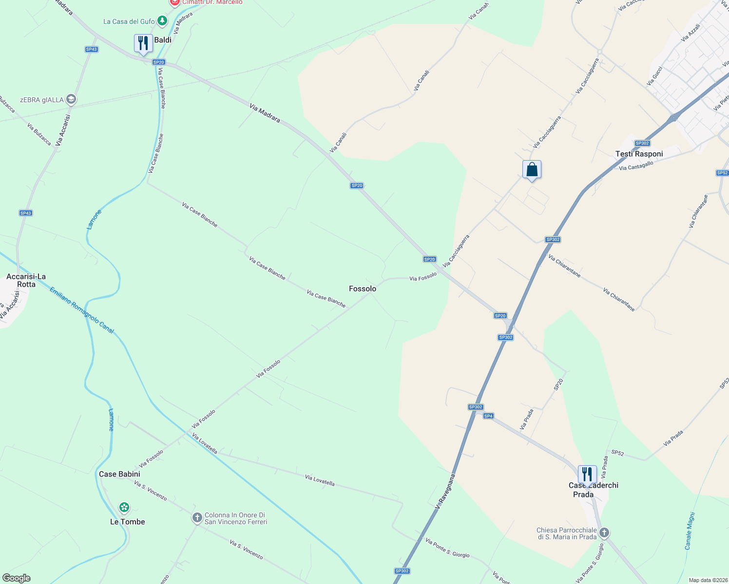 map of restaurants, bars, coffee shops, grocery stores, and more near 151 Via Fossolo in Fossolo