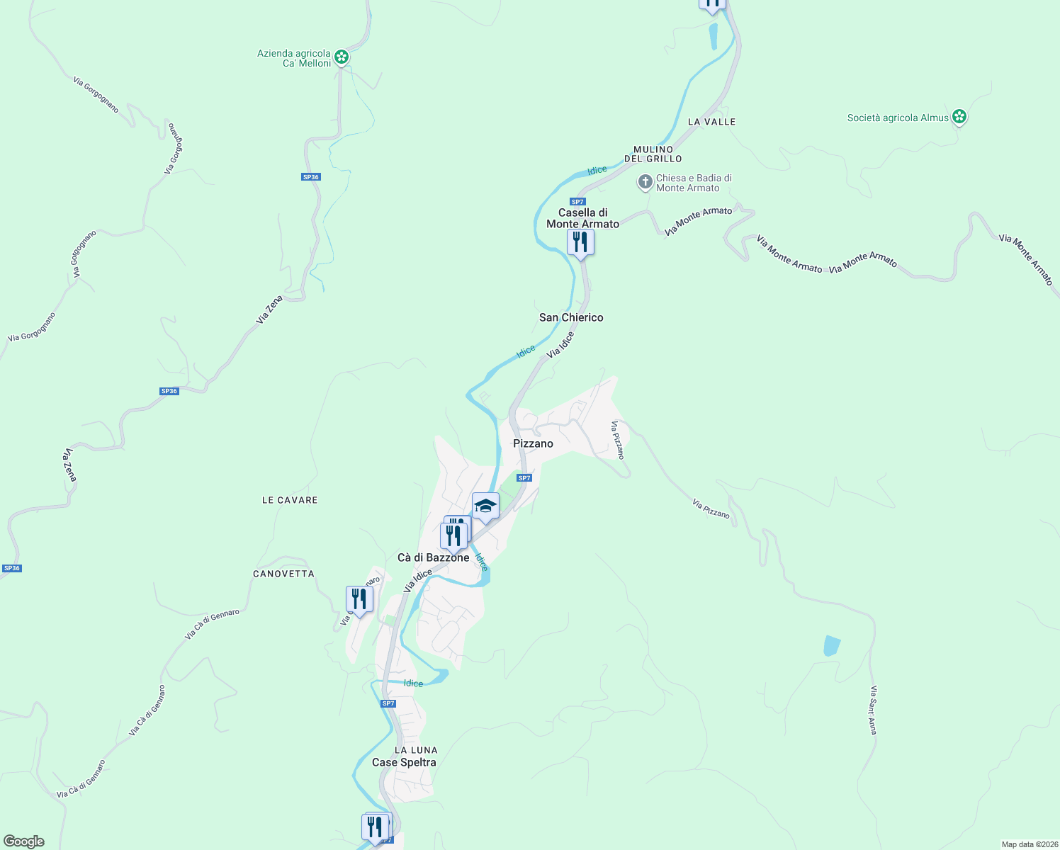 map of restaurants, bars, coffee shops, grocery stores, and more near 3 Via Pizzano in Pizzano