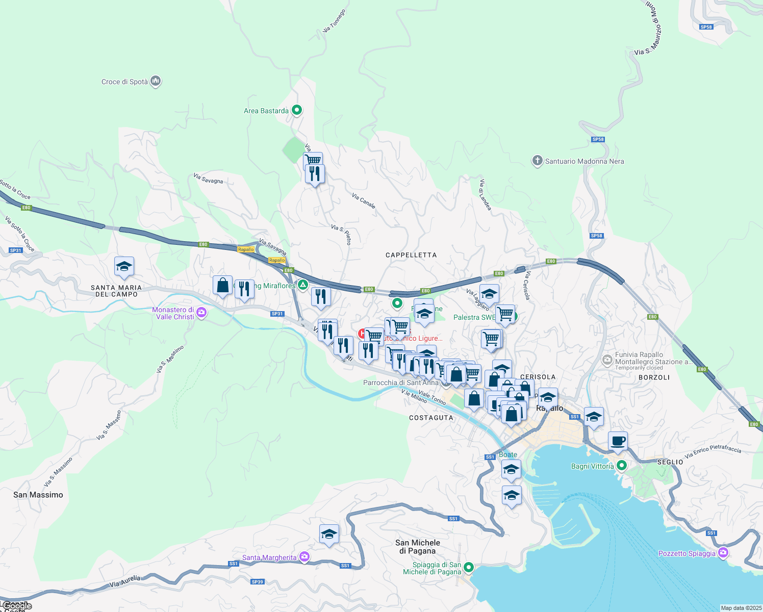 map of restaurants, bars, coffee shops, grocery stores, and more near Viale Privato dei Lauri in Rapallo
