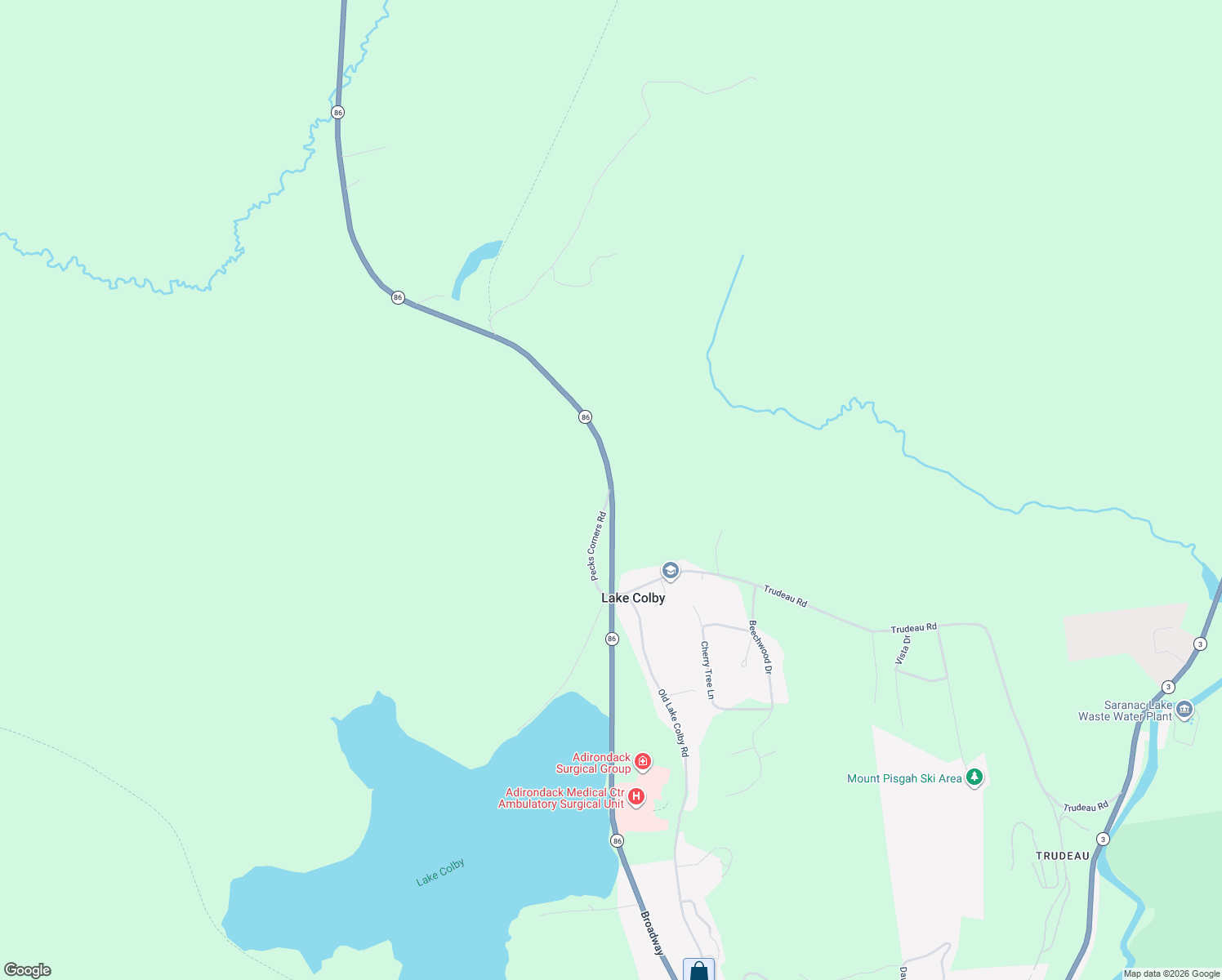 map of restaurants, bars, coffee shops, grocery stores, and more near Highway 86 in Saranac Lake