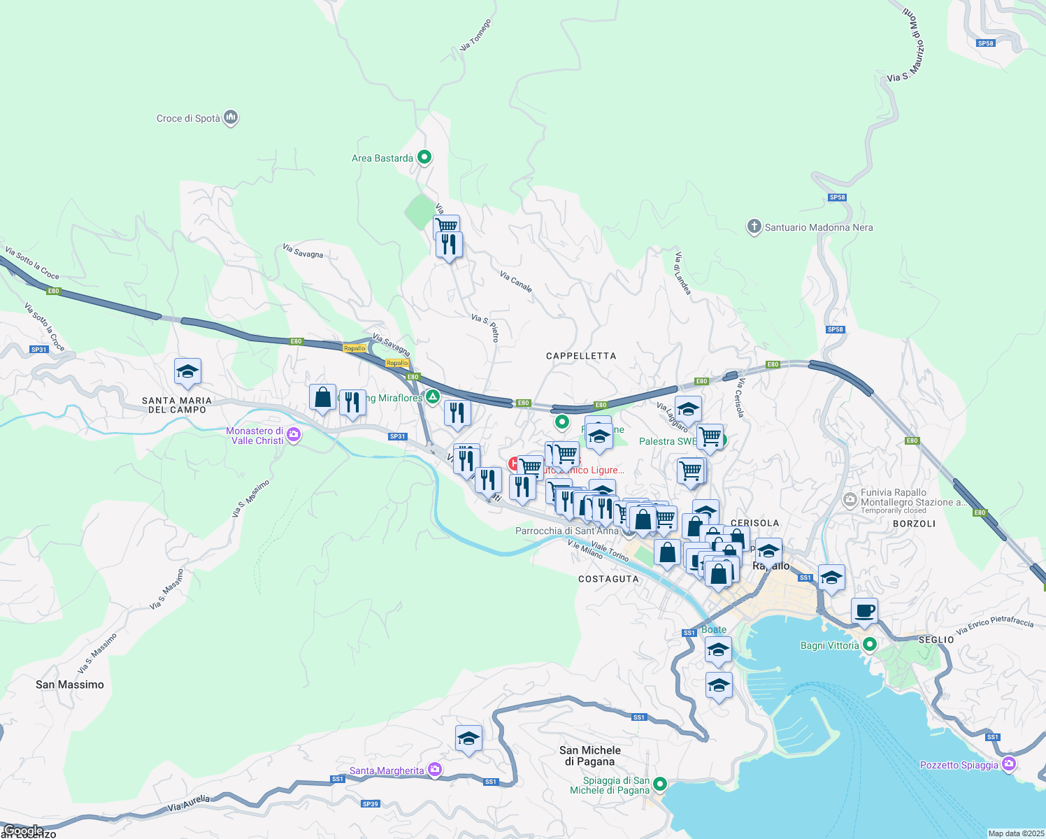 map of restaurants, bars, coffee shops, grocery stores, and more near Viale Privato dei Lauri in Rapallo