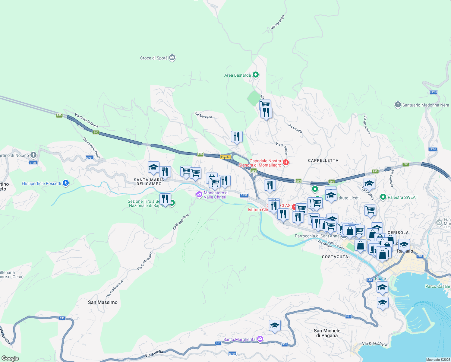map of restaurants, bars, coffee shops, grocery stores, and more near 29 Via della Pineta in Rapallo