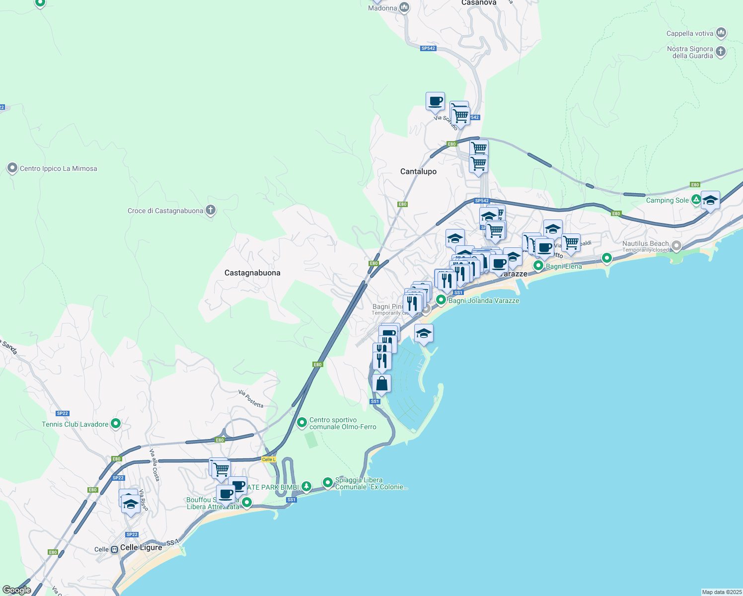 map of restaurants, bars, coffee shops, grocery stores, and more near 26 Via Nicolò Sardi in Varazze