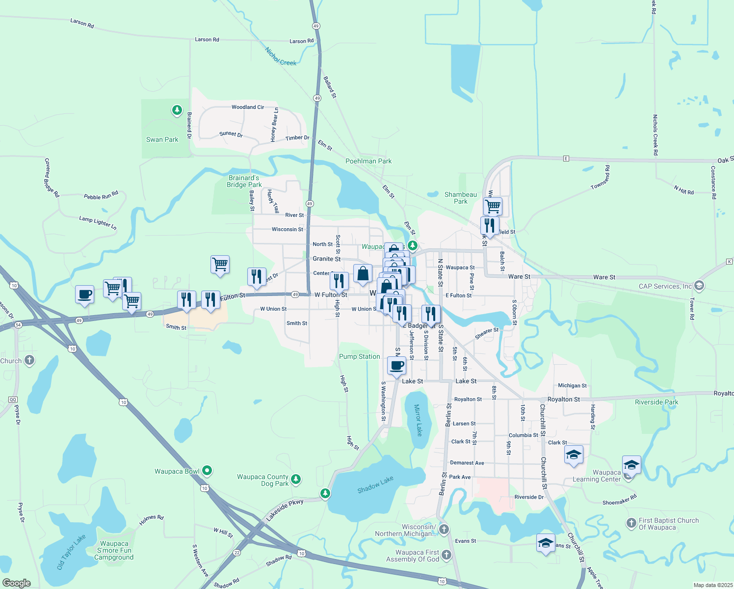 map of restaurants, bars, coffee shops, grocery stores, and more near 307 West Fulton Street in Waupaca