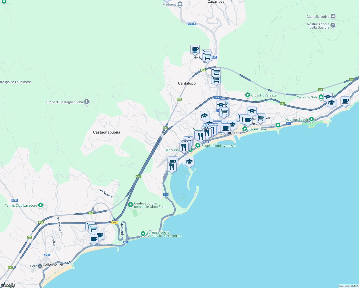 map of restaurants, bars, coffee shops, grocery stores, and more near 1 Via Padre Lorenzo Piazza in Varazze