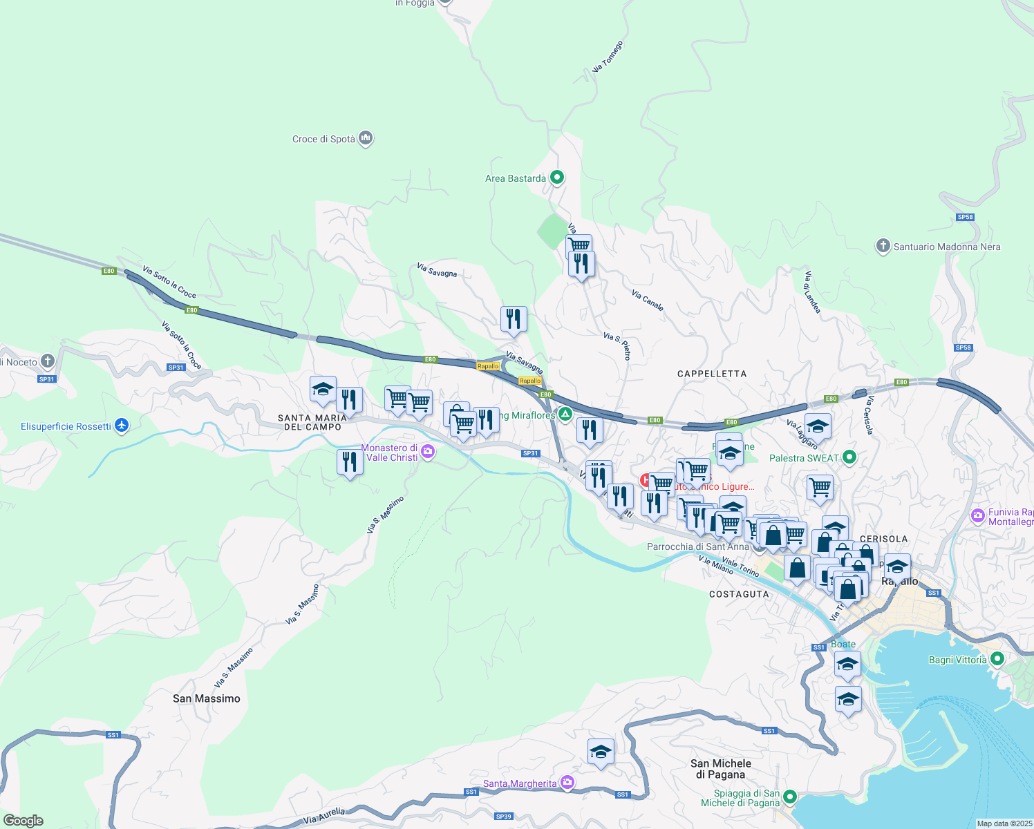 map of restaurants, bars, coffee shops, grocery stores, and more near 12 Via Privata Bosena in Rapallo