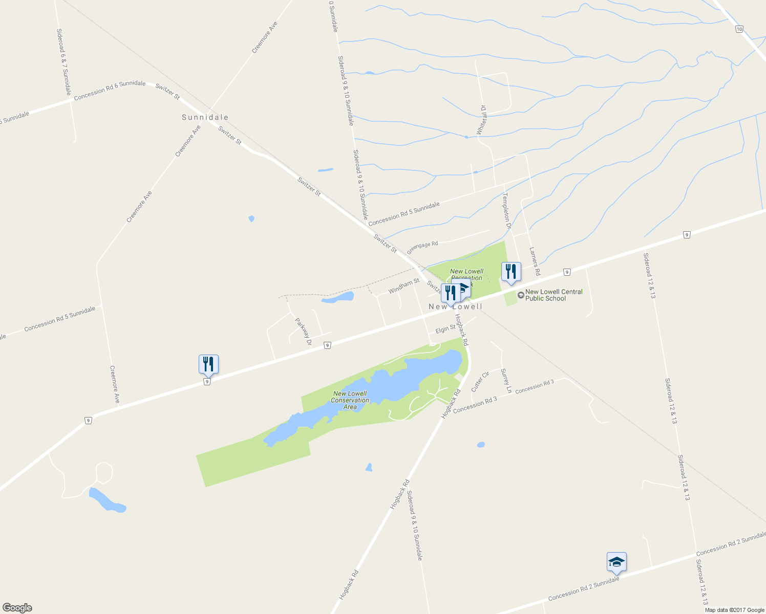 map of restaurants, bars, coffee shops, grocery stores, and more near 5 Oakdale Drive in New Lowell