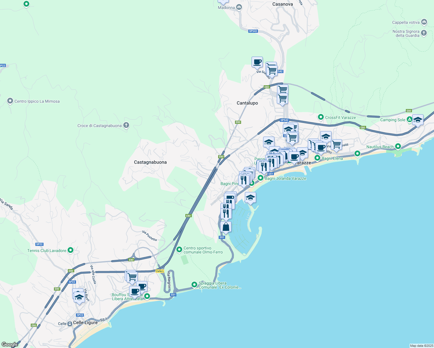 map of restaurants, bars, coffee shops, grocery stores, and more near 28A Via Nicolò Sardi in Varazze
