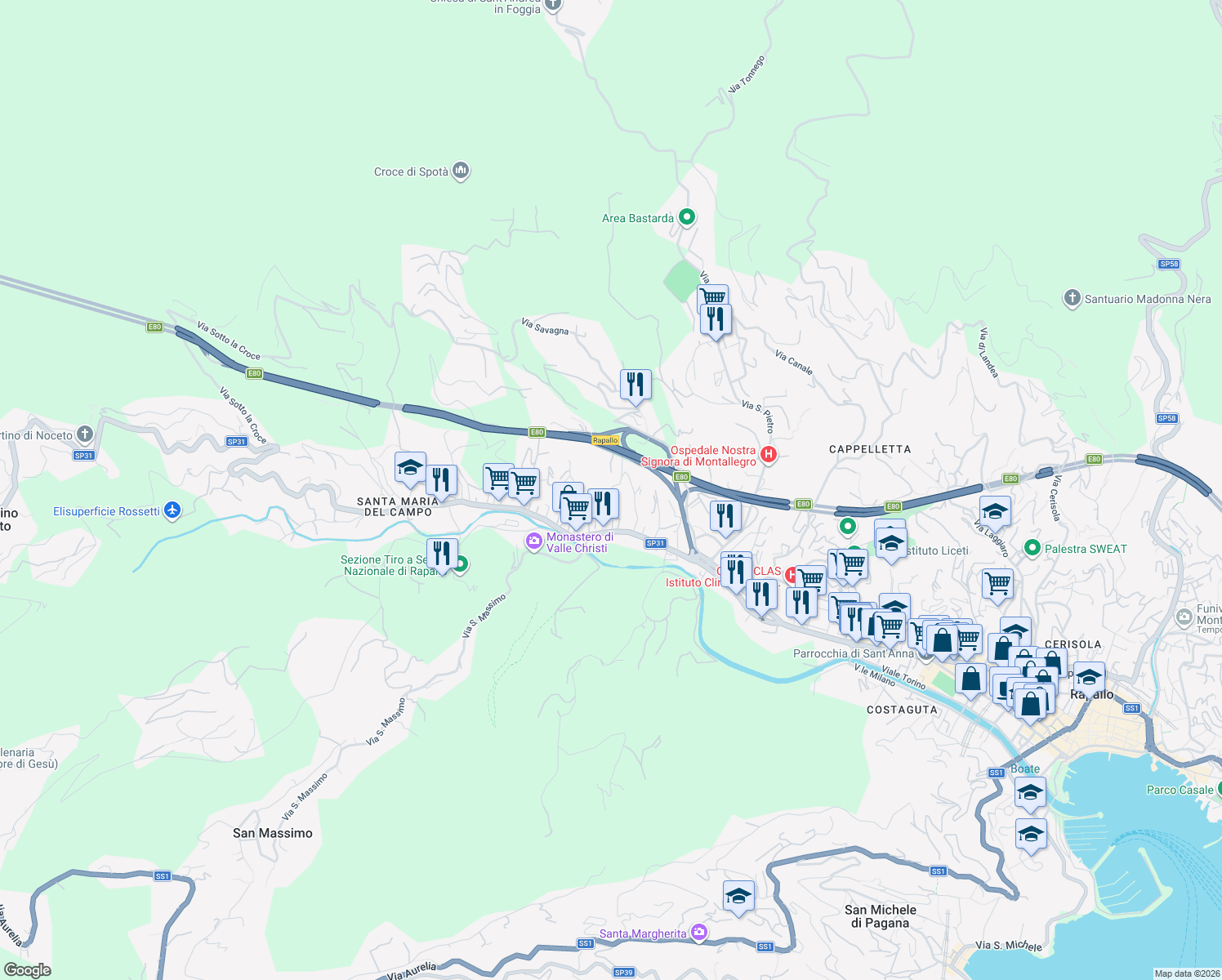 map of restaurants, bars, coffee shops, grocery stores, and more near 29 Via della Pineta in Rapallo