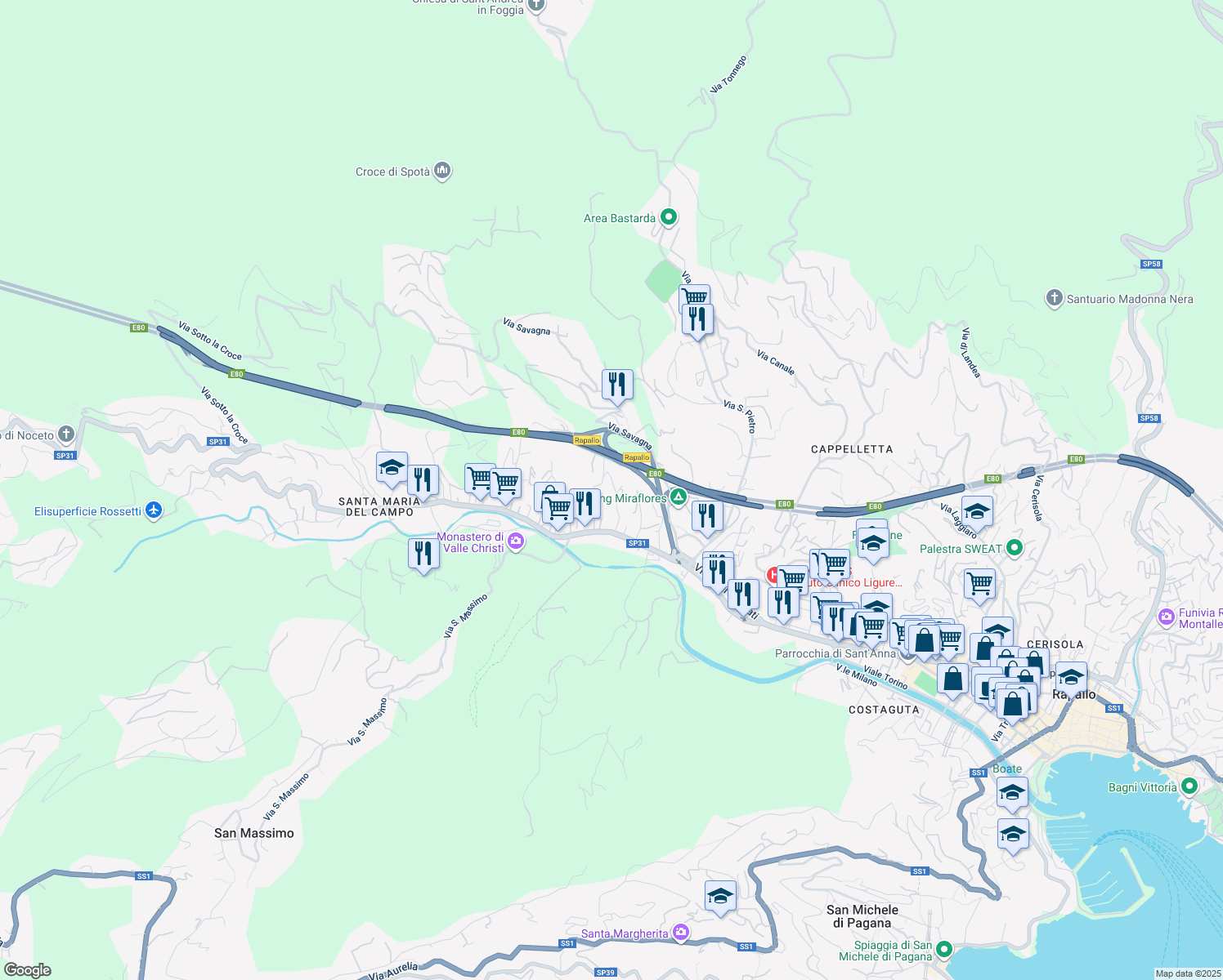 map of restaurants, bars, coffee shops, grocery stores, and more near 12 Via Privata Bosena in Rapallo