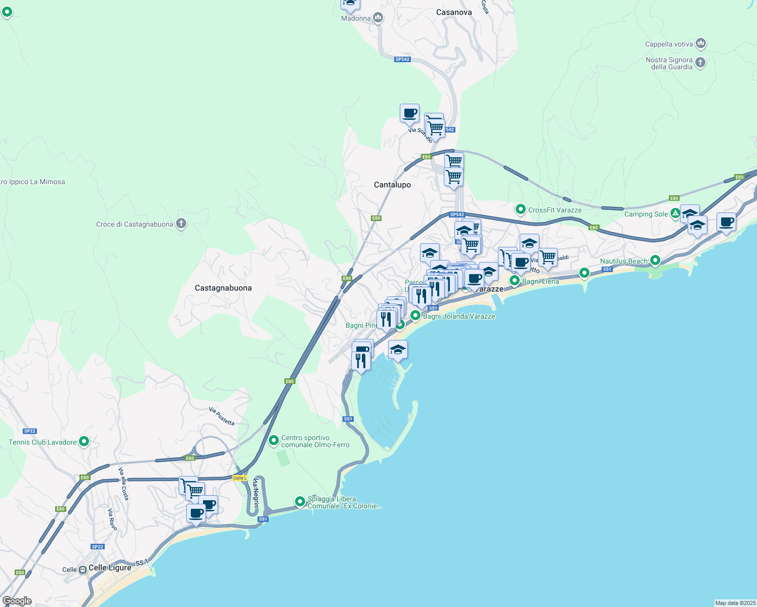 map of restaurants, bars, coffee shops, grocery stores, and more near 1 Via Padre Lorenzo Piazza in Varazze