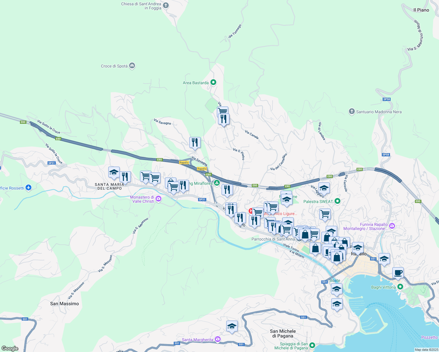 map of restaurants, bars, coffee shops, grocery stores, and more near 3 Via Torre Dondero in Rapallo
