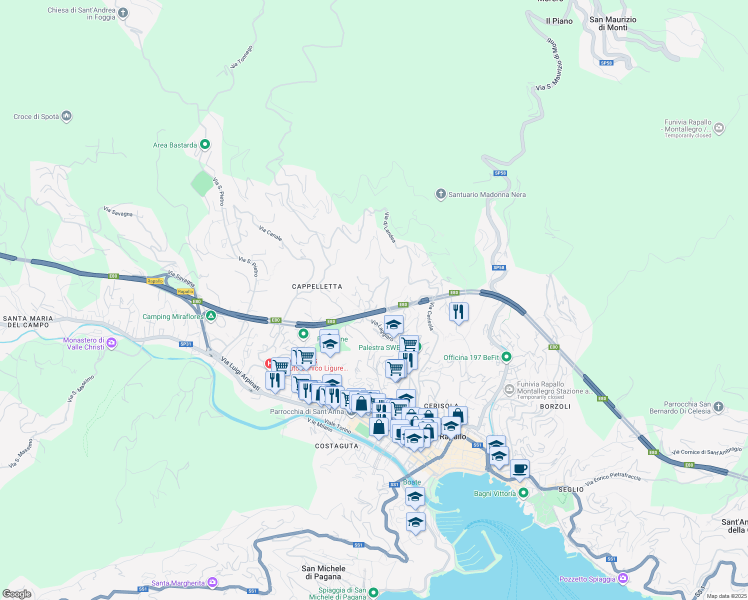 map of restaurants, bars, coffee shops, grocery stores, and more near 28 Via del Molinello in Rapallo