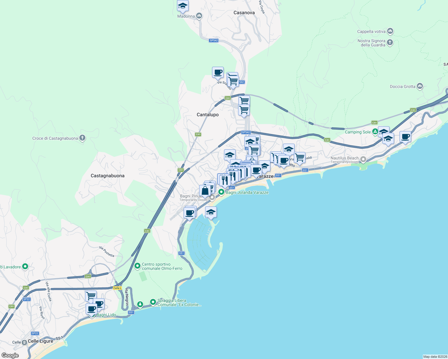 map of restaurants, bars, coffee shops, grocery stores, and more near 11 Via Roma in Varazze