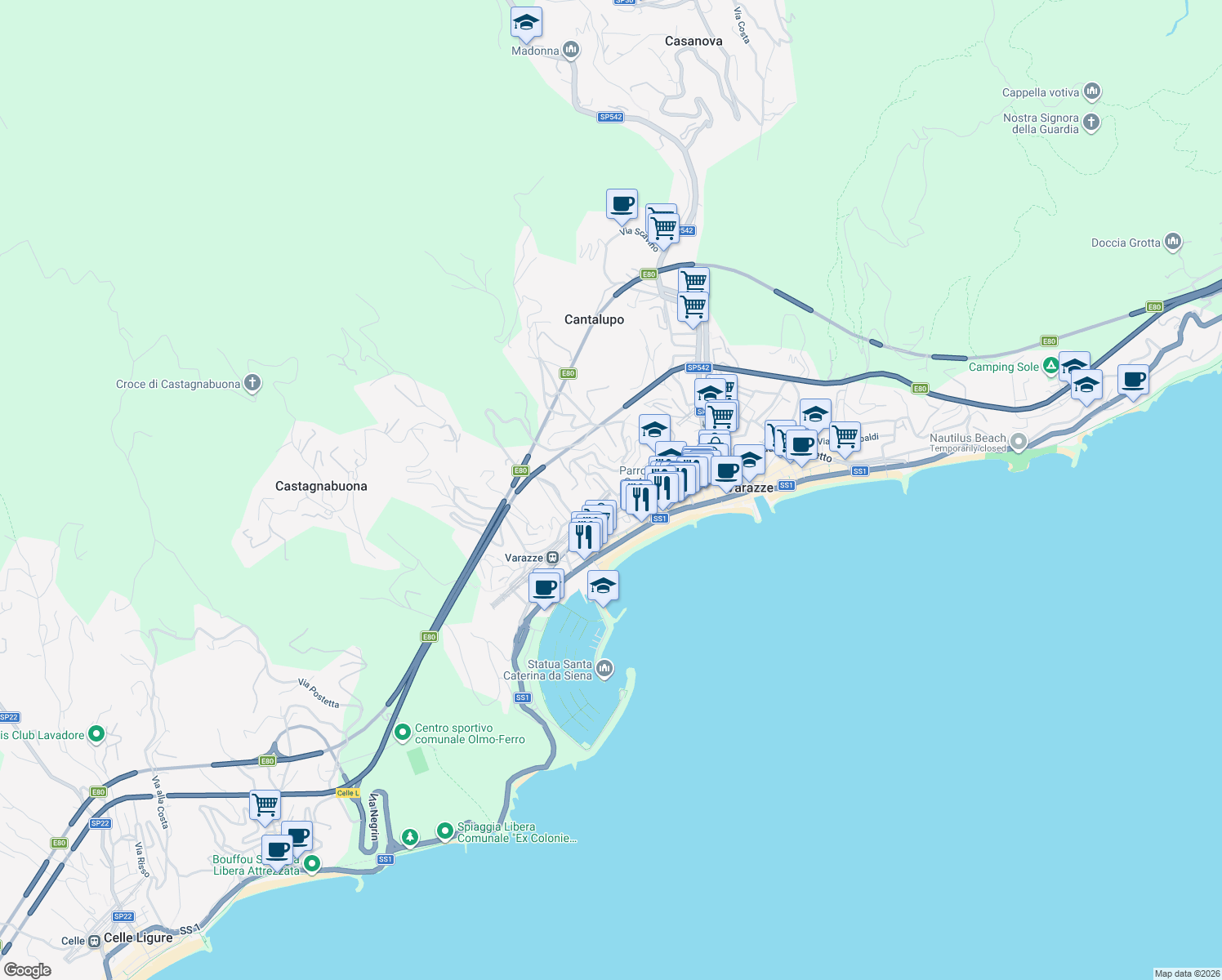 map of restaurants, bars, coffee shops, grocery stores, and more near 23 Via Villagrande in Varazze