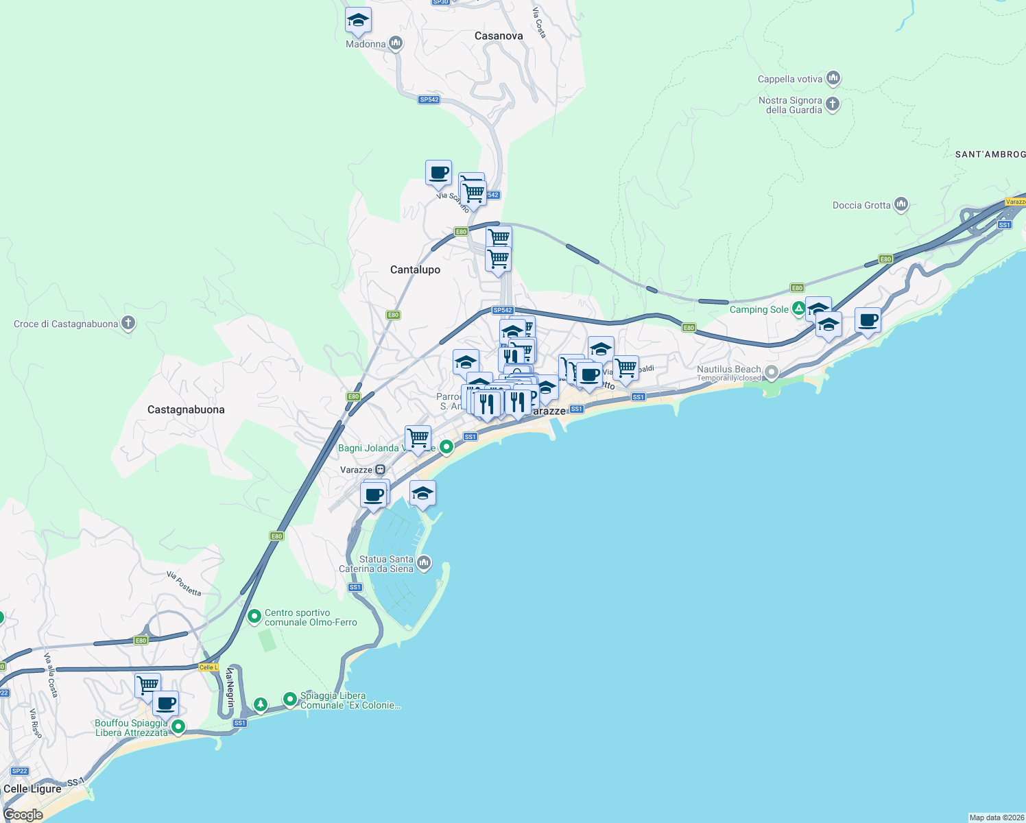 map of restaurants, bars, coffee shops, grocery stores, and more near 10 Via Sant'Ambrogio in Varazze