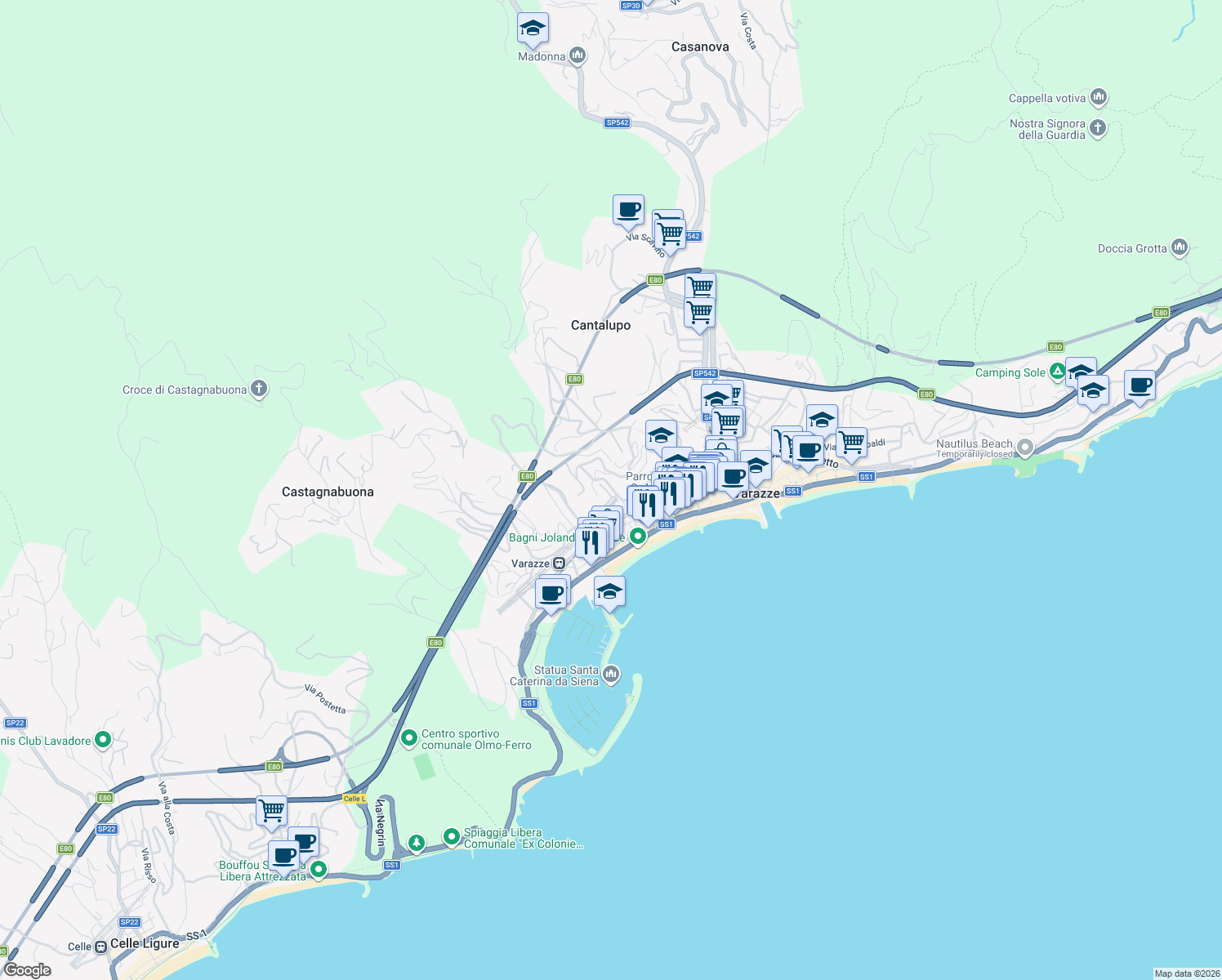 map of restaurants, bars, coffee shops, grocery stores, and more near 23 Via Villagrande in Varazze