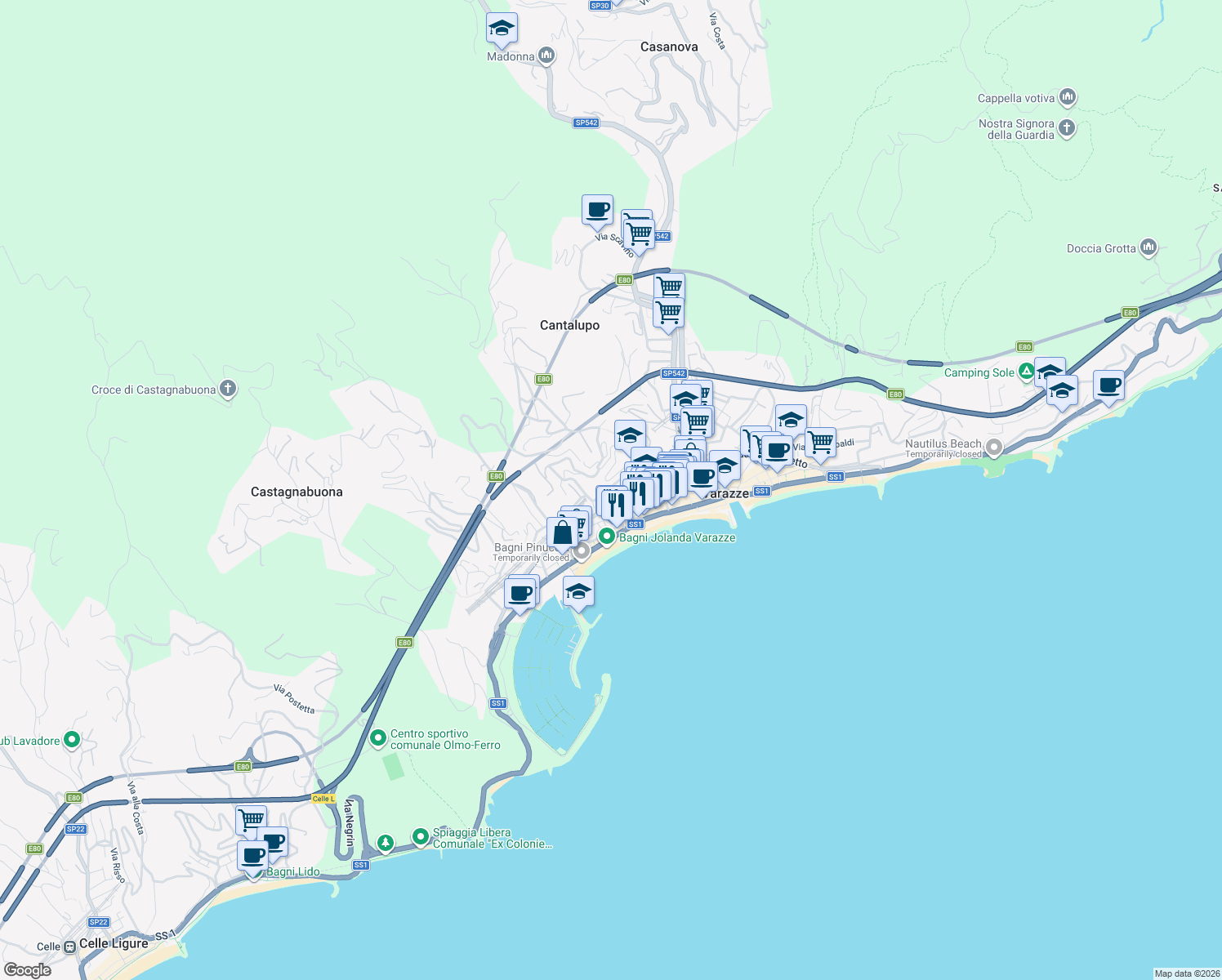 map of restaurants, bars, coffee shops, grocery stores, and more near 11 Via Roma in Varazze