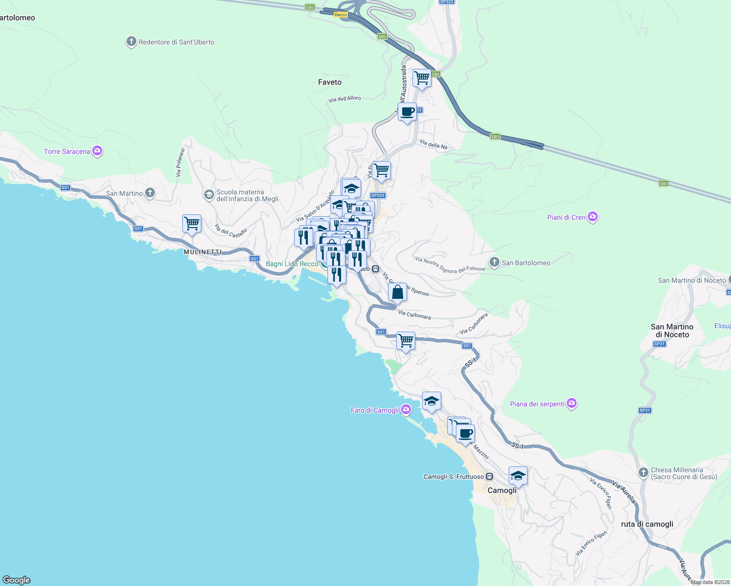 map of restaurants, bars, coffee shops, grocery stores, and more near 8 Via Valleverde in Recco