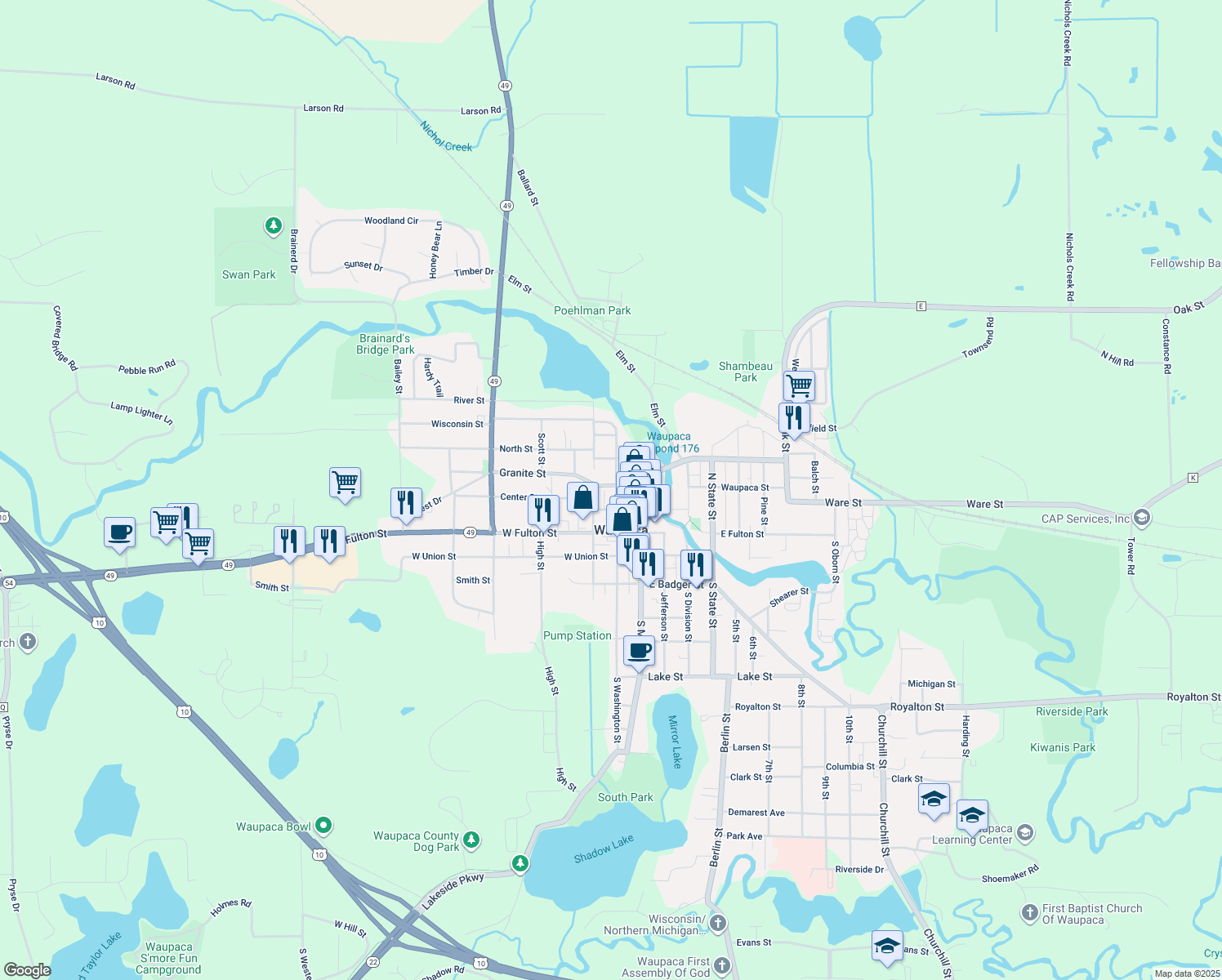 map of restaurants, bars, coffee shops, grocery stores, and more near 219 North Washington Street in Waupaca