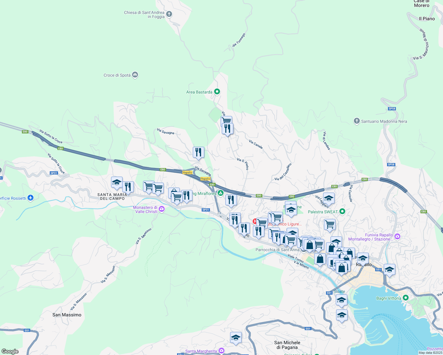 map of restaurants, bars, coffee shops, grocery stores, and more near 3-4 Via Torre Dondero in Rapallo