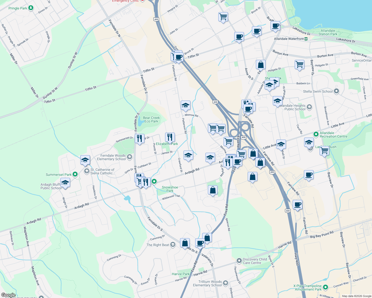 map of restaurants, bars, coffee shops, grocery stores, and more near 156 Patterson Road in Barrie