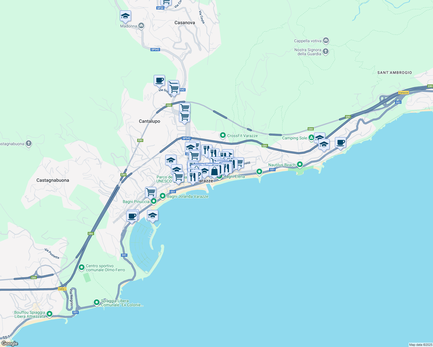 map of restaurants, bars, coffee shops, grocery stores, and more near Via Ciarli in Varazze