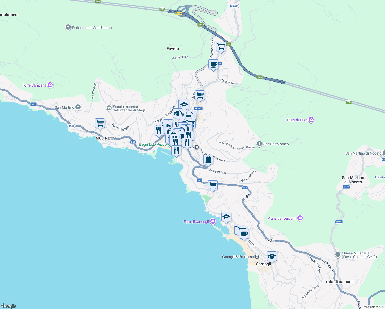 map of restaurants, bars, coffee shops, grocery stores, and more near 8 Via Valleverde in Recco