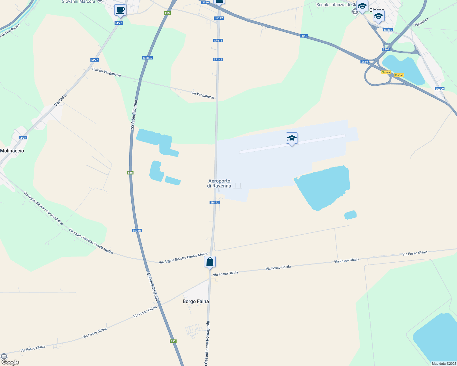 map of restaurants, bars, coffee shops, grocery stores, and more near 160 Via Dismano in Ravenna