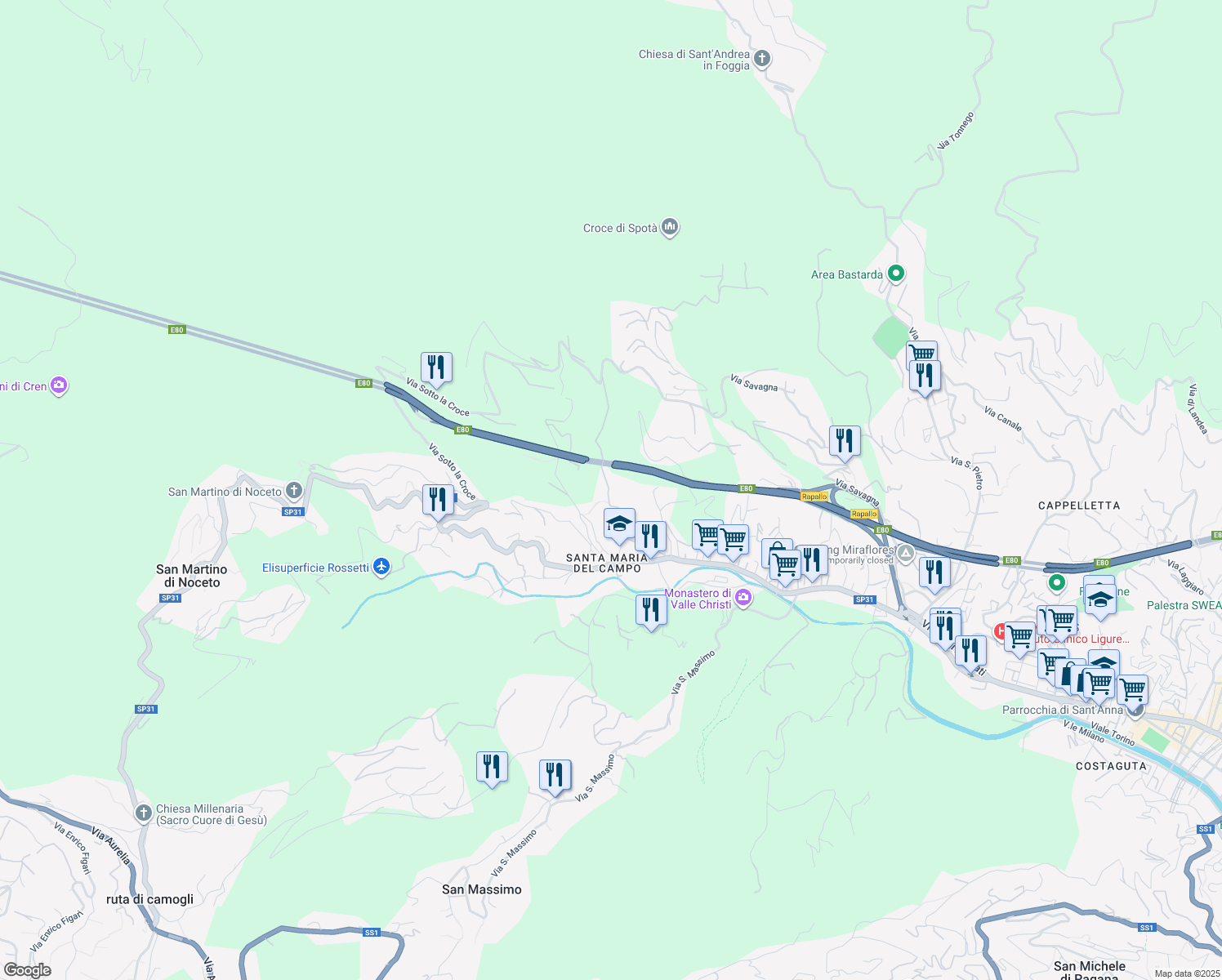 map of restaurants, bars, coffee shops, grocery stores, and more near in Rapallo
