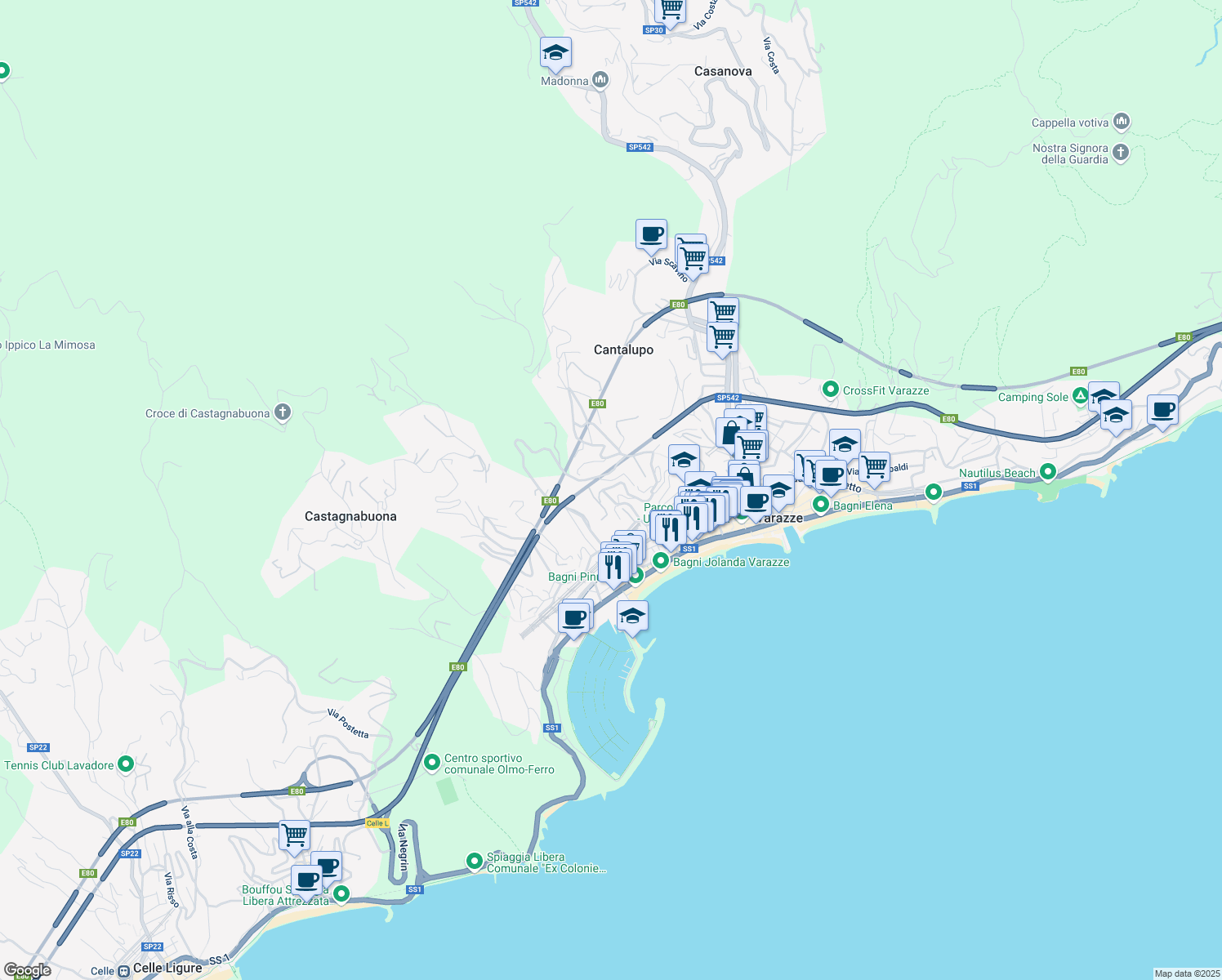 map of restaurants, bars, coffee shops, grocery stores, and more near A10 Genova - Ventimiglia in Varazze