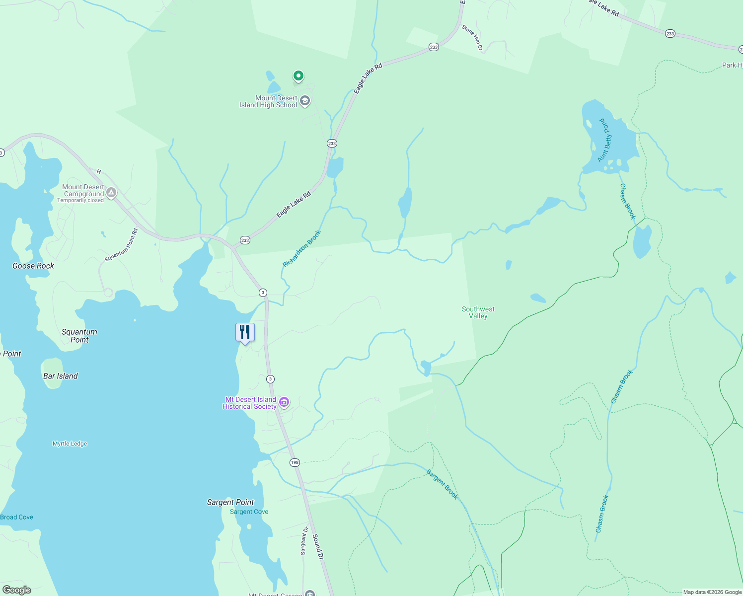 map of restaurants, bars, coffee shops, grocery stores, and more near 28 Stanley Mountain Road in Mount Desert