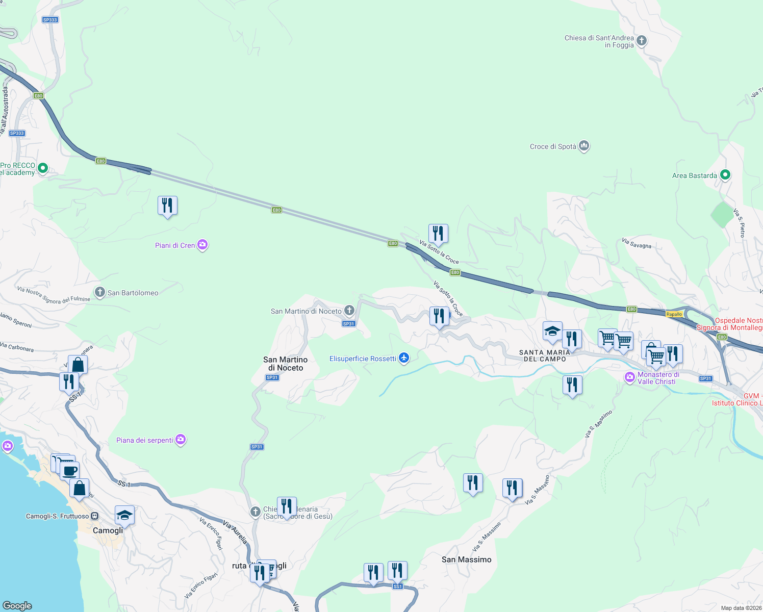 map of restaurants, bars, coffee shops, grocery stores, and more near 6 Via del Seggio in Rapallo