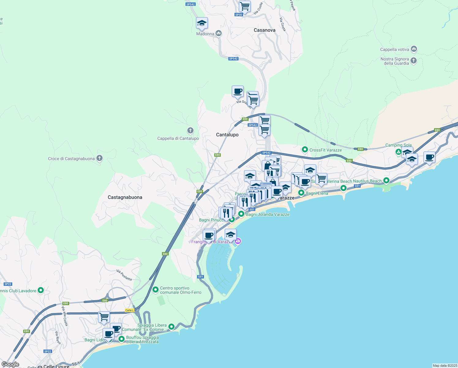 map of restaurants, bars, coffee shops, grocery stores, and more near 22 Via Nuova Cantalupo in Varazze